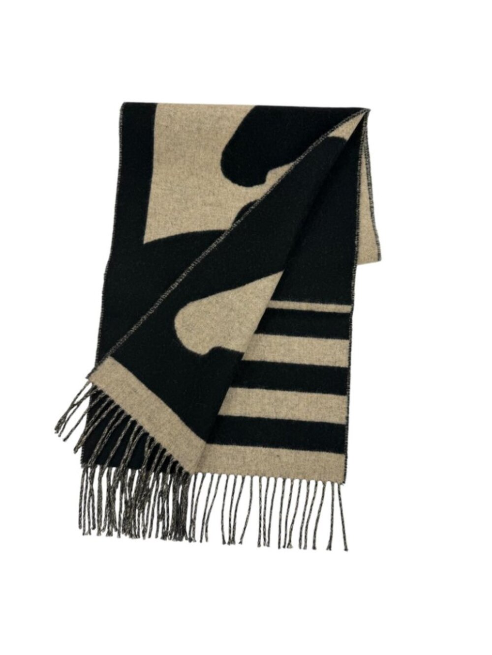 Hermes Love Story Scarf Cashmere with Fringe Horse Pattern Black Beige - Picture 5 of 10